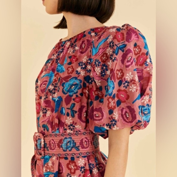 Farm Rio Floral Belted Birds Puff-Sleeve Mini Dress In Blush Sz xxs $210 - Picture 2 of 6
